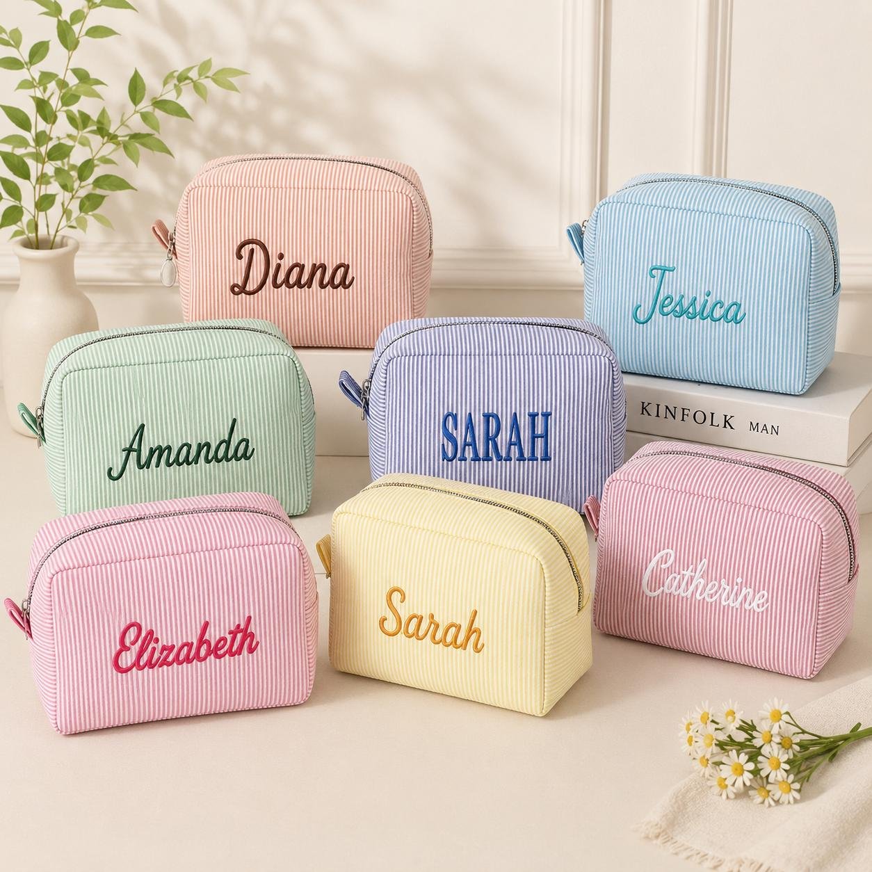Monogrammed Seersucker Toiletry Bag Custom Bridesmaid Makeup Bag Personalized Travel Cosmetic Pouch Bachelorette Gift Bag for Her