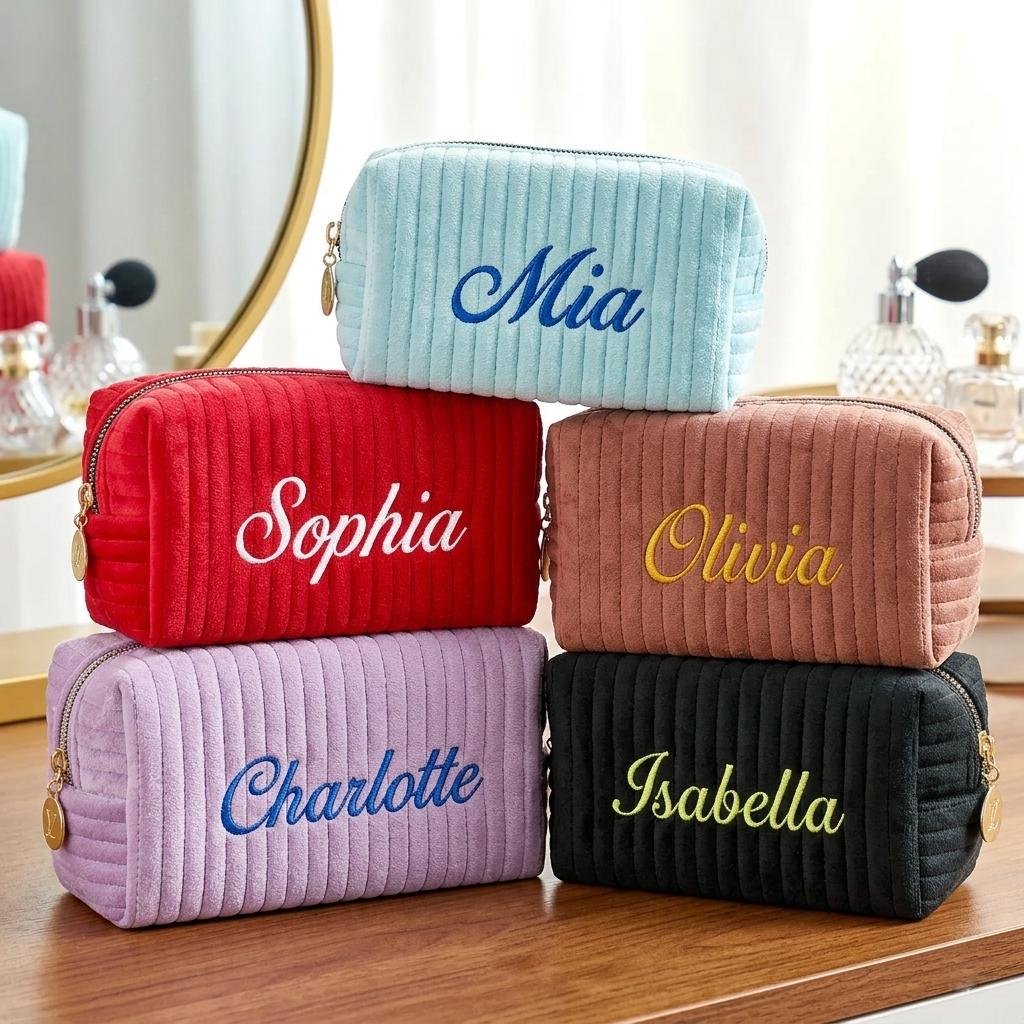 Monogrammed Makeup Bag Personalized Toiletry Bag Custom Name Cosmetic Pouch Bridesmaid Gift Velvet Travel Bag Wedding Party Favor