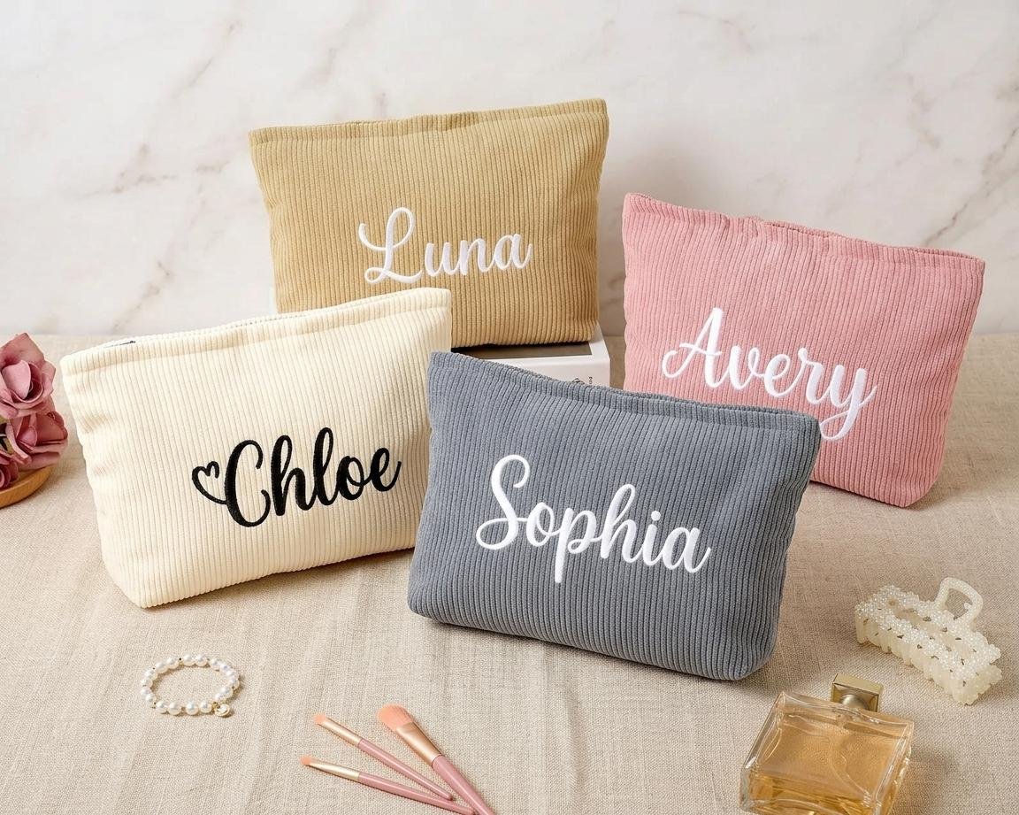 Personalized Corduroy Makeup Bag Embroidered Name Cosmetic Pouch Monogrammed Toiletry Bag Bridesmaid Gift Bridal Shower Beauty Bag