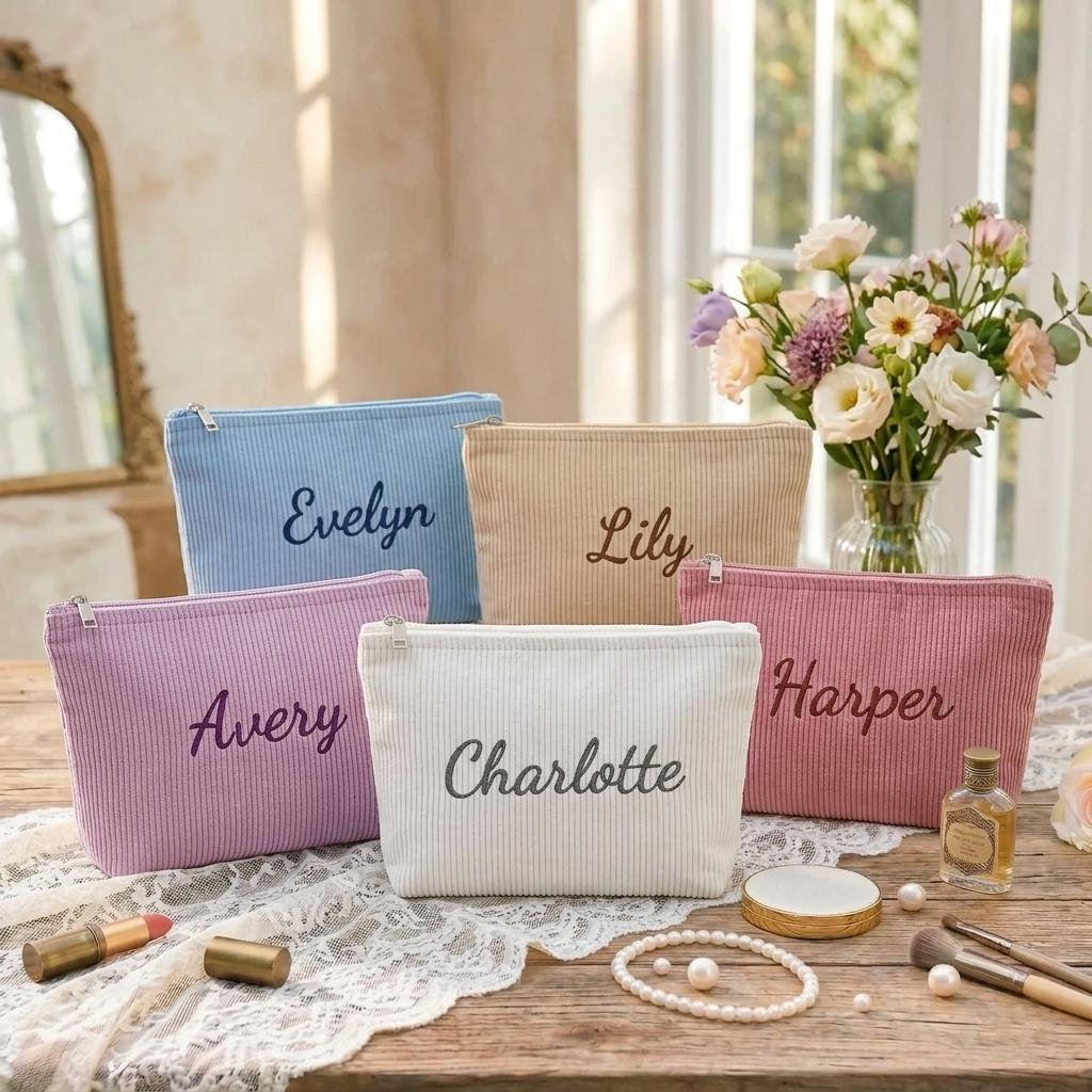Embroidered Corduroy Cosmetic Bag | Personalised Makeup Pouch for Her | Custom Monogram Travel Toiletry Organiser, Bridesmaid Proposal Gift