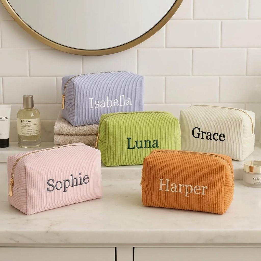 Embroidered Corduroy Toiletry Bag | Personalized Name Makeup Pouch | Custom Travel Organizer Case | Bridesmaid Gift, Unique Birthday Present