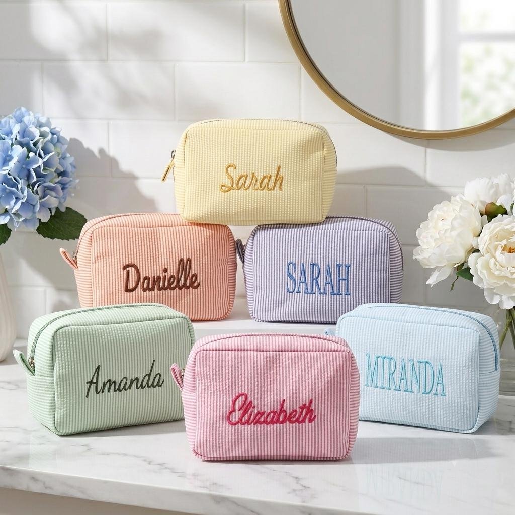 Personalized Seersucker Makeup Bag | Embroidered Summer Travel Pouch | Custom Name Toiletry Case | Vacation Essentials, Bridesmaid Gift