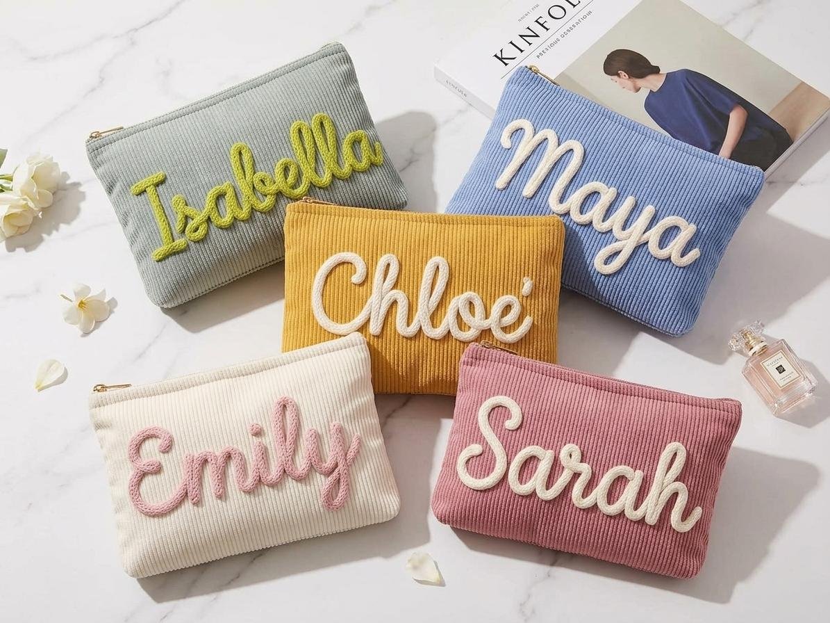 Personalized Corduroy Makeup Bag | Custom Name Pouch | Embroidered Vanity Organizer Case | Aesthetic Travel Toiletry Holder,