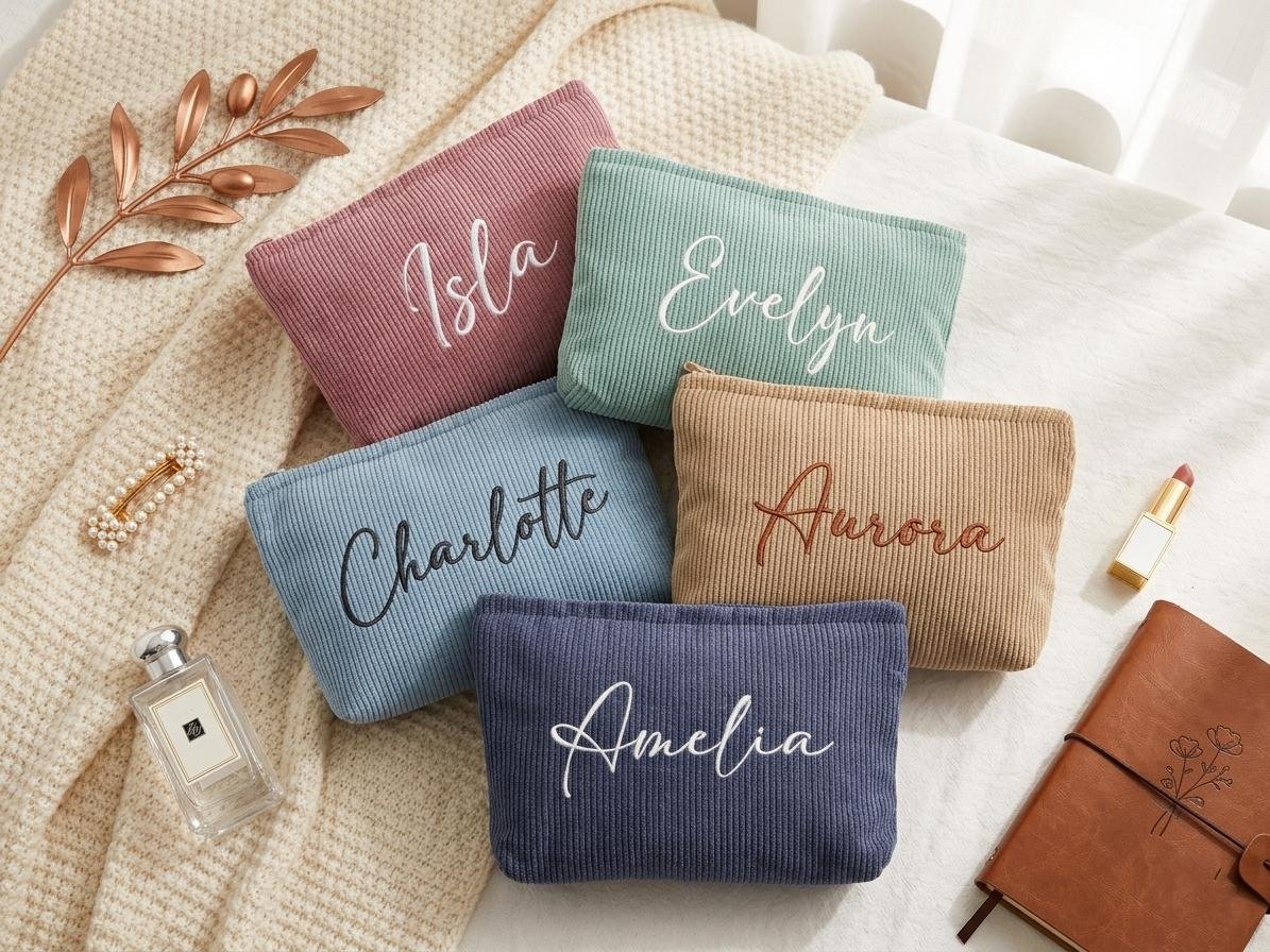 Personalized Embroidered Corduroy Makeup Bag | Custom Name Travel Organizer | Monogrammed Cosmetic Pouch | Bridesmaid Gift, Birthday Present