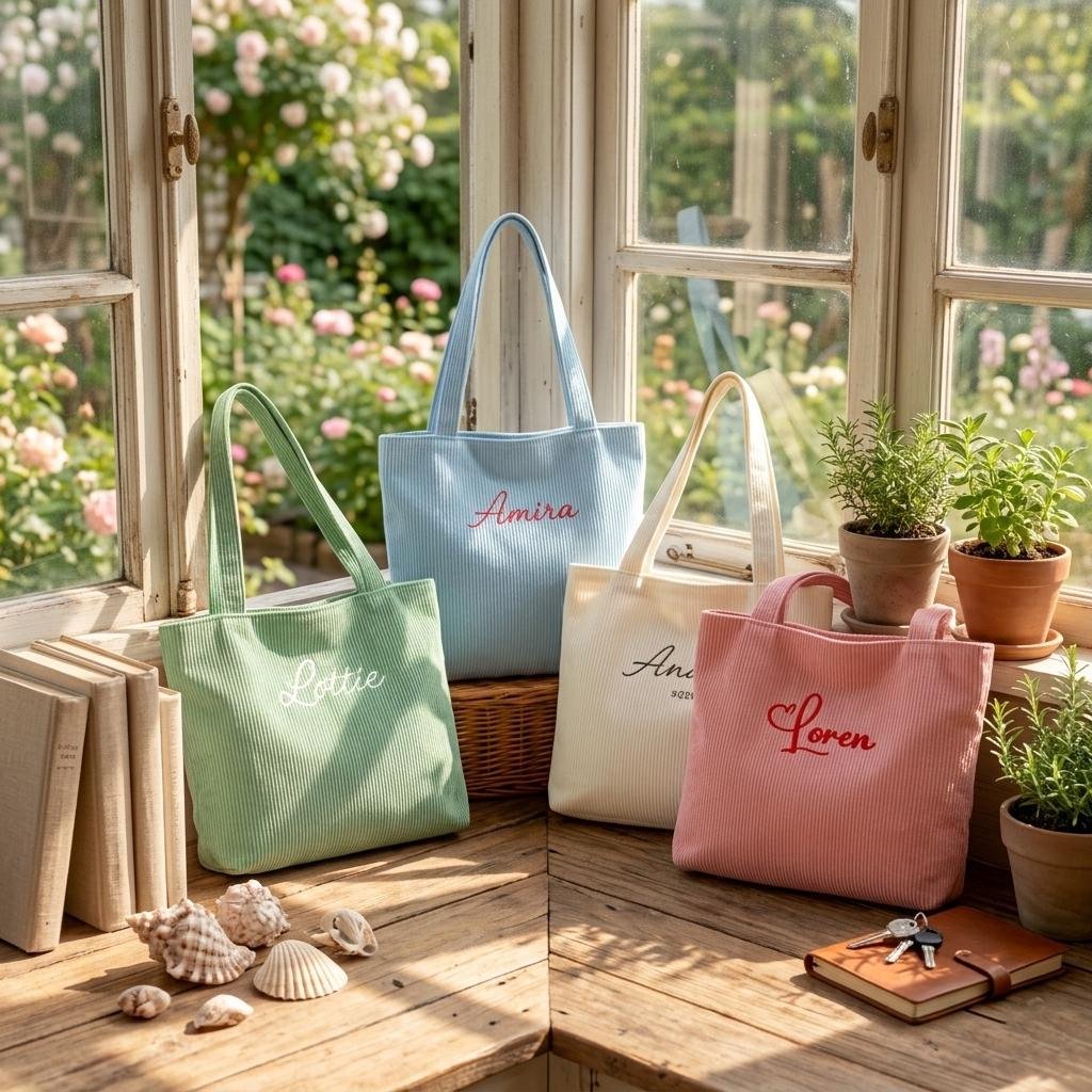 Personalized Embroidered Corduroy Tote Bag, Custom Name Travel Shoulder Bag, Bridesmaid Gift, Bachelorette Gift, Christmas Gift, Beach Bag