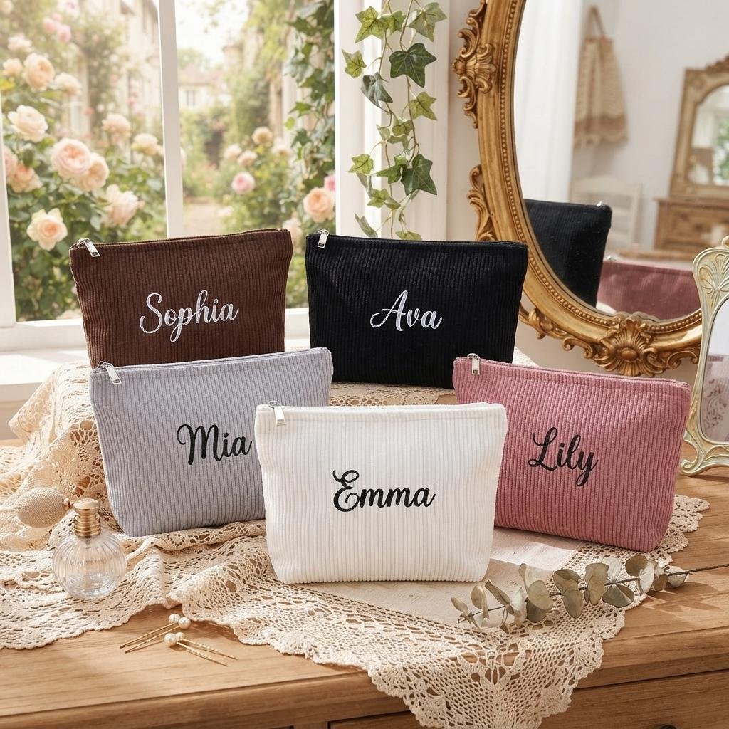 Personalized Corduroy Makeup Bag, Custom Embroidered Name Cosmetic Pouch, Bridesmaid Gift Wedding Favor, Monogram Travel Toiletry Bag