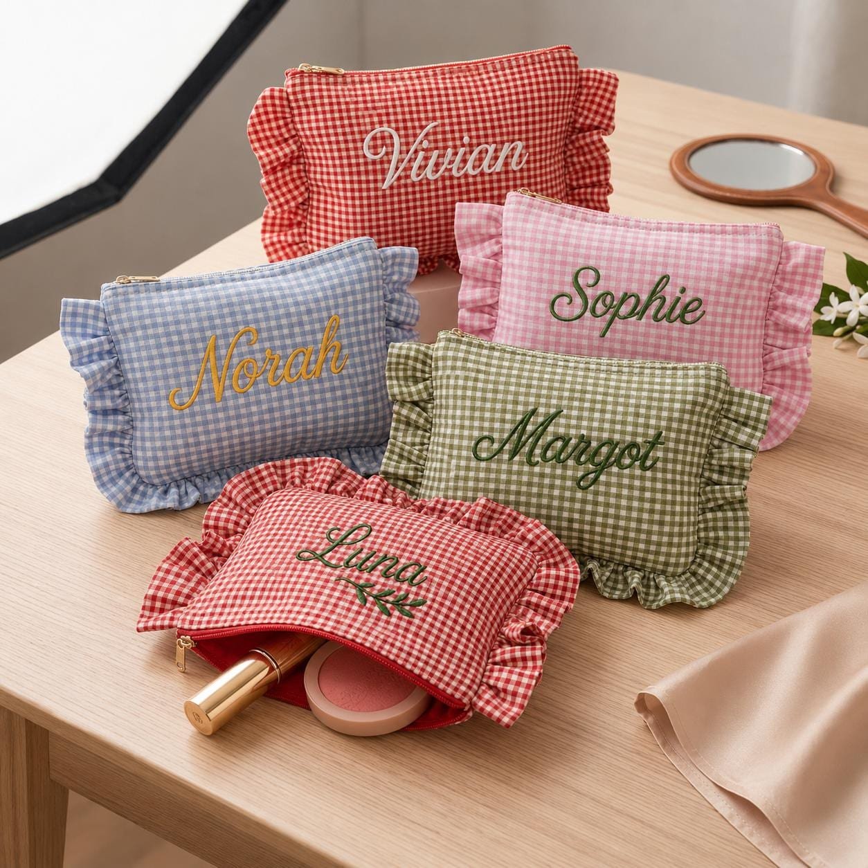 Custom Name Bridesmaid Proposal Pouch, 3D Embroidered Gingham Makeup Bag, Bachelorette Party Gift, Bridal Shower Cosmetic Bag