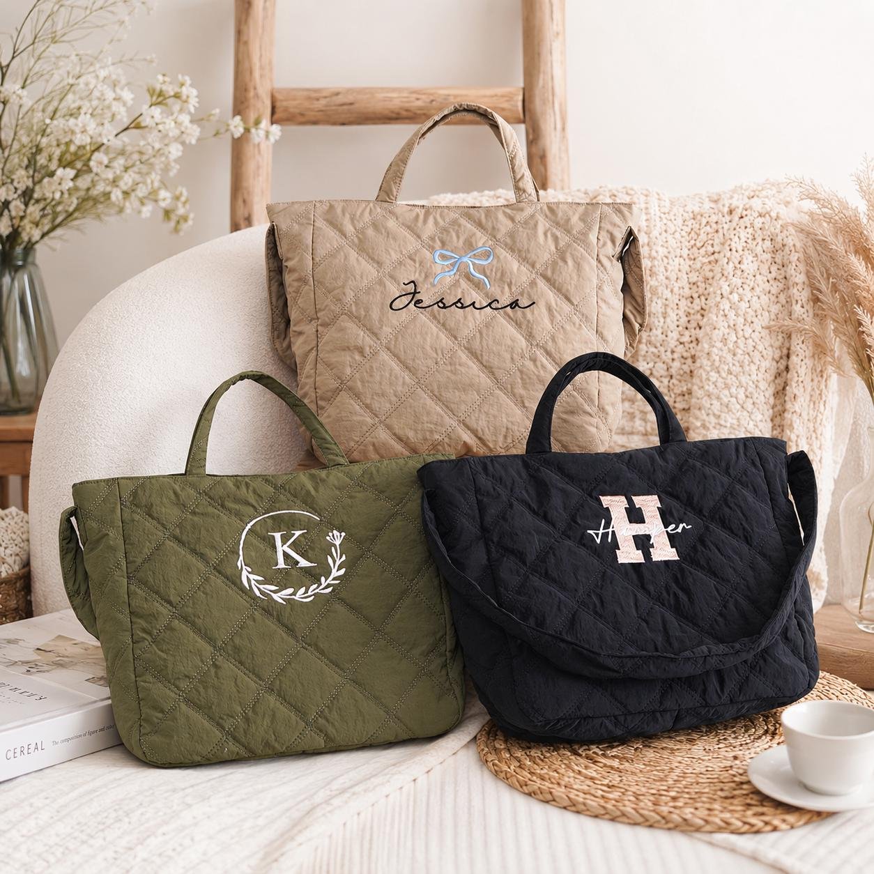Personalized Embroidered Boat Tote Bag, Monogram Name Tote, Custom Bridesmaid Gift Bag, Eco-Friendly Canvas Tote, Bachelorette Gift