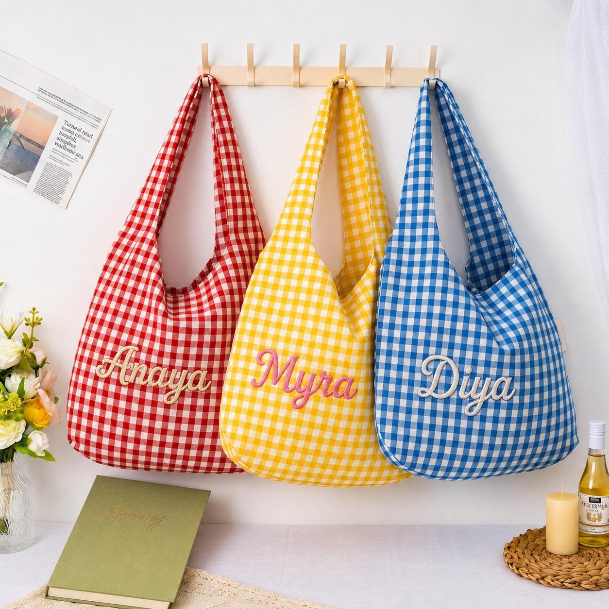 Personalized Gingham Beach Bag, Custom Embroidery Name Slouchy Tote, Girls Trip Bag, Monogram Vacation Shoulder Bag, Reusable Tote
