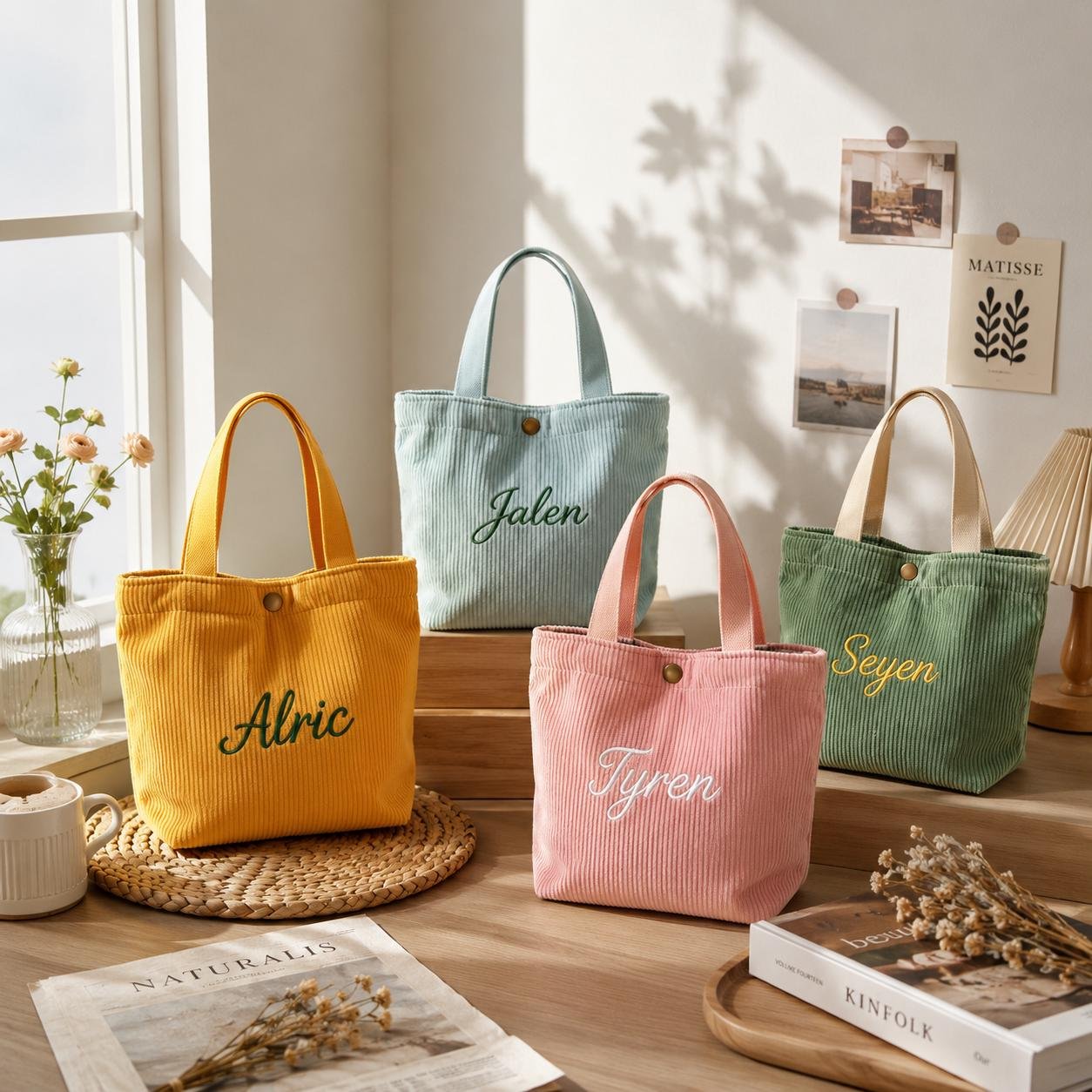 Custom Name Corduroy Mini Tote Bag, Personalized Embroidered Small Hand Tote, Trendy Aesthetic Daily Bag, Lunch Bag for Women