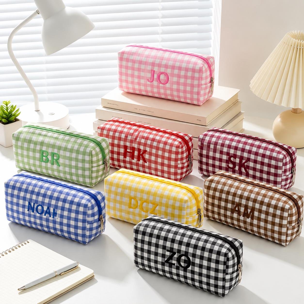Personalized Gingham Pencil Case, Custom Embroidered Initial Pen Pouch, Checkered Cosmetic Bag, Teacher Gift, Back to School Gift