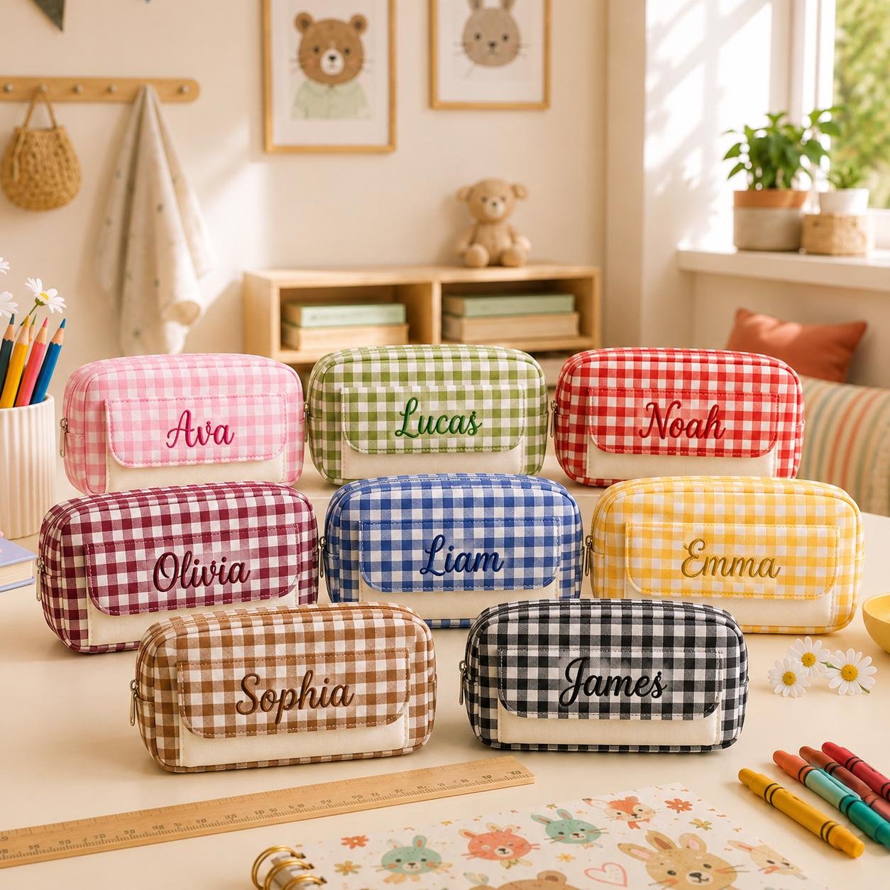 Personalized Kids Pencil Case, Custom Name Gingham Pen Pouch, Checkered Large Capacity School Bag, Back to School Gift for Boys Girls