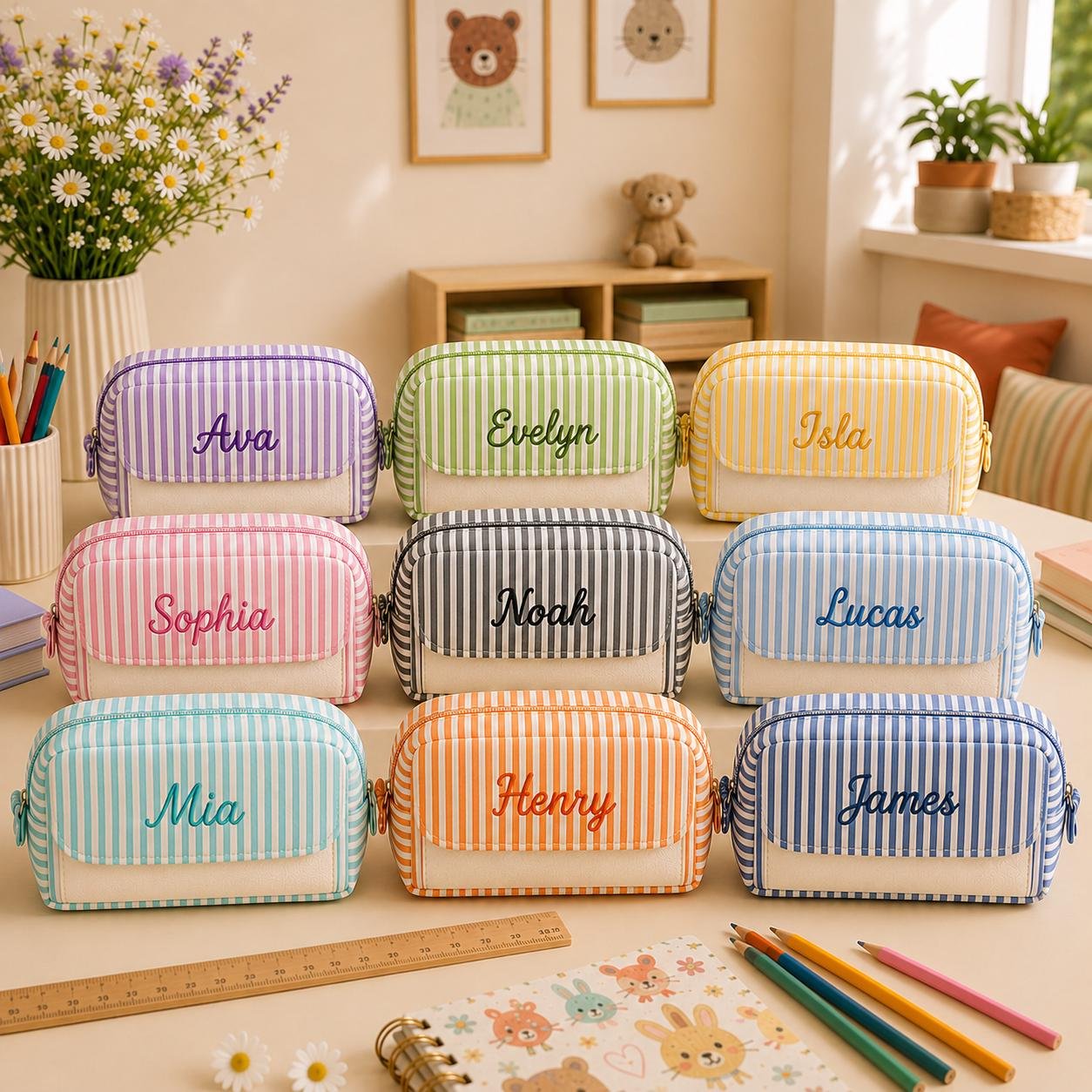 Personalized Seersucker Pencil Case, Custom Name Kids Pen Pouch, Large Capacity School Supplies Bag, Back to School Gift for Boys Girls