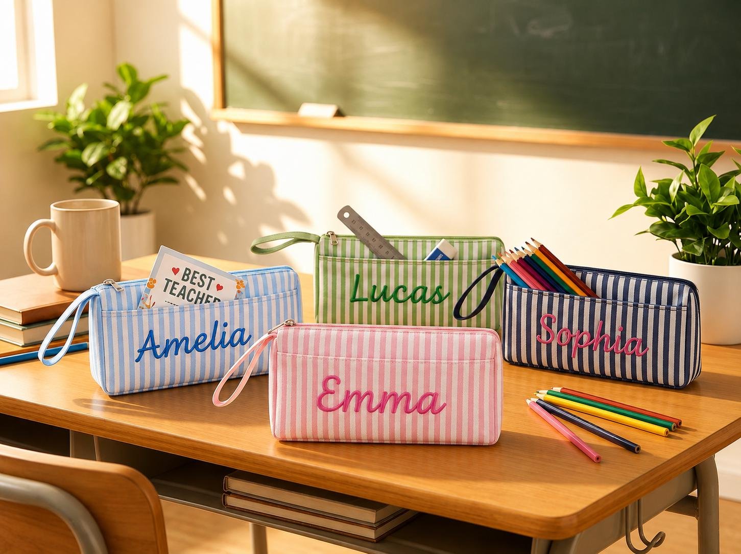 Seersucker Pencil Pouch Personalized, Custom Embroidered Name Pencil Case, Monogram Cosmetic Bag, Bridesmaid Gift, Kids Gift