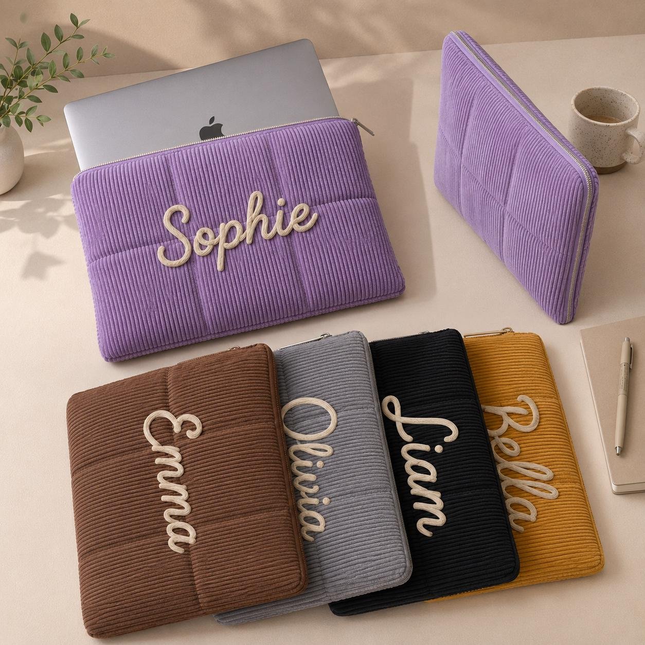 Personalized Corduroy Laptop Bag, Custom Name Laptop, Aesthetic Work Bag Gift, Custom Name Laptop Bag Corduroy, Gift for Her, Coworker Gift